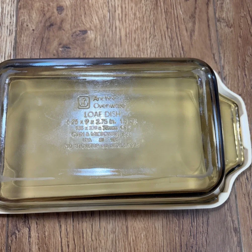 Anchor Hocking Amber Glass Loaf Dish w/ Lid 1.5 Qt Rectangular Baker USA‎ 1041